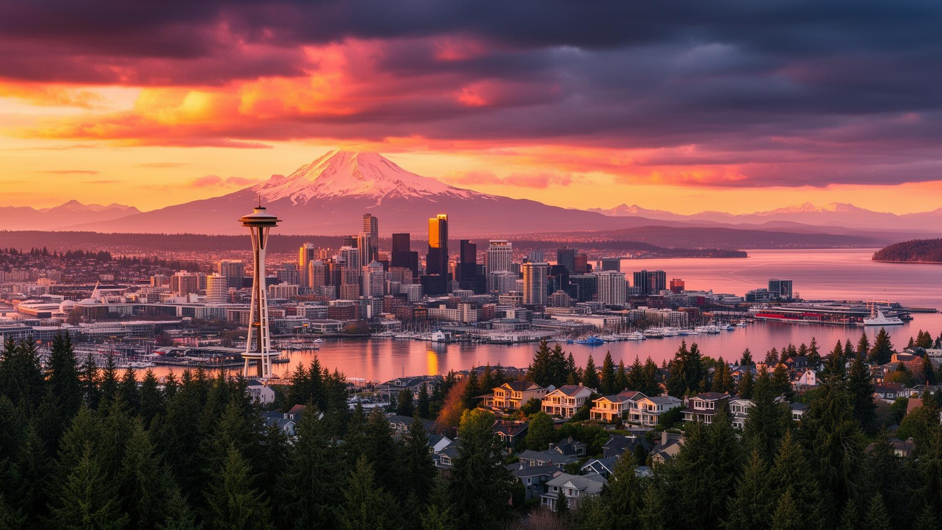 Seattle skyline with Mount Rainier at golden hour sunset